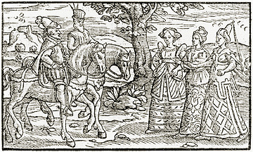 Macbeth and Banquo Meet three witches (Woodcut)